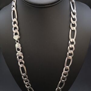 925 STERLING FIGARO LINK CHAIN RHODIUM PLATED ANTI TARNISH  24" INCH 11.85MM